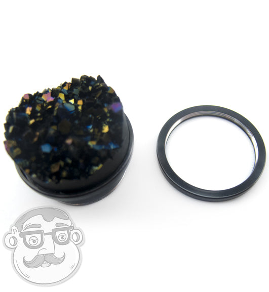 Black Steel Plugs With Cosmic Druzy Stone Inlay