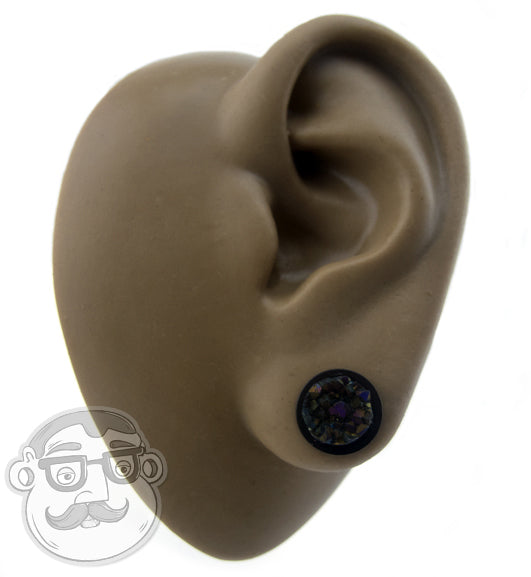 Black Steel Plugs With Cosmic Druzy Stone Inlay
