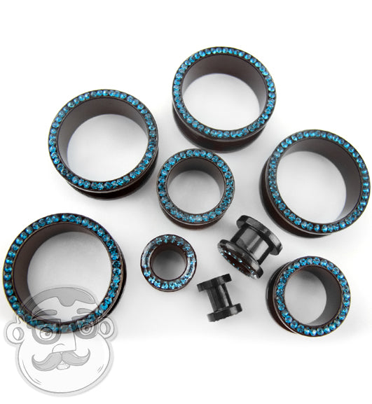 Aqua CZ Rim Black Steel Tunnel Plugs