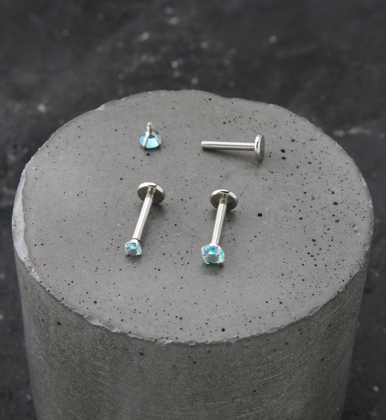 Blue Aurora Prong CZ Stainless Steel Internally Threaded Labret
