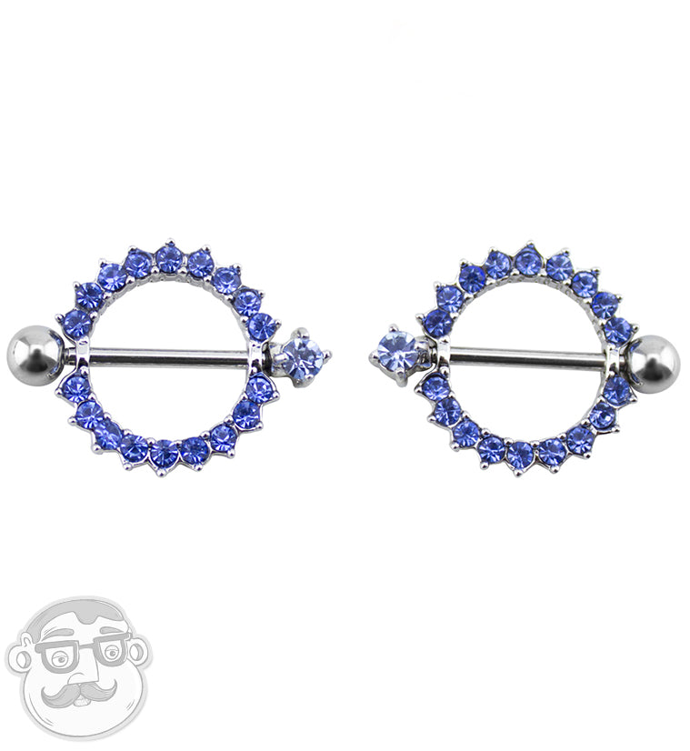 Blue CZ Rim Nipple Ring Barbell Shield