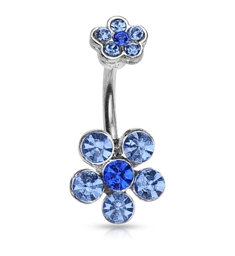 Double Blue Gem Flower Belly Button Ring