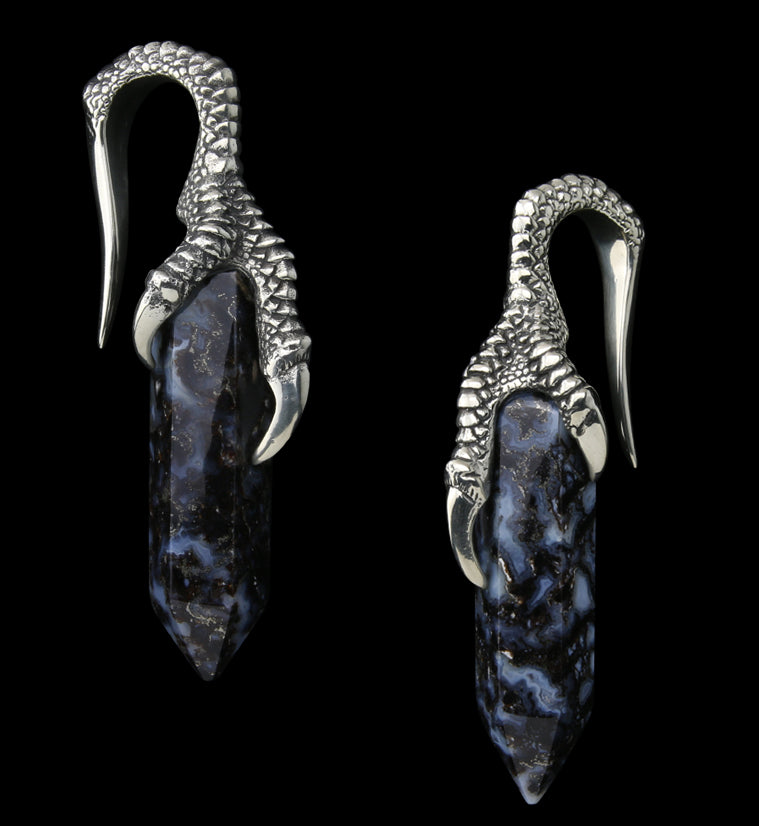 Blue Flame Petrified Palm Root Talon Claw White Brass Ear Weights