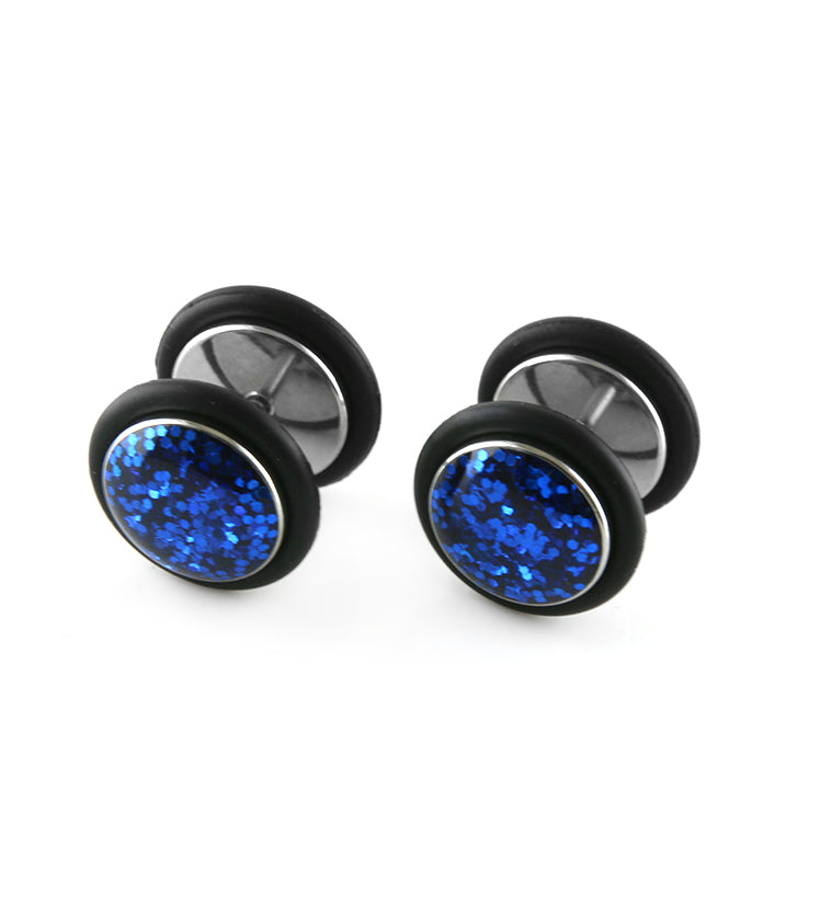 16G Blue Glitter Steel Fake Plugs / Gauges