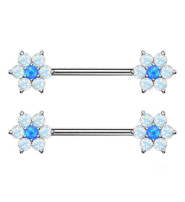 14G Blue & White Opalite Flower Flower Nipple Ring Barbell