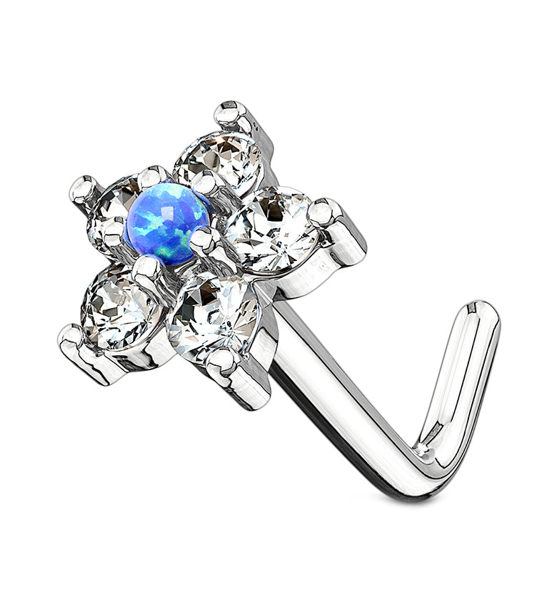 20G 14kt White Gold Blue Opal Flower Pack L Shaped Nose Ring