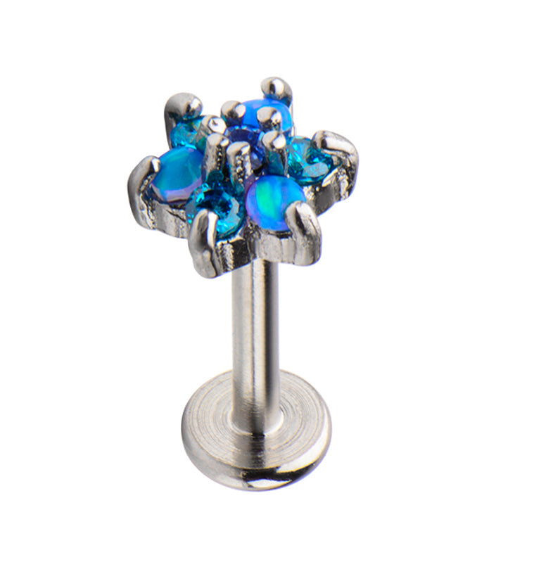 16G Blue Opal & CZ Flower Flatback Labret Post