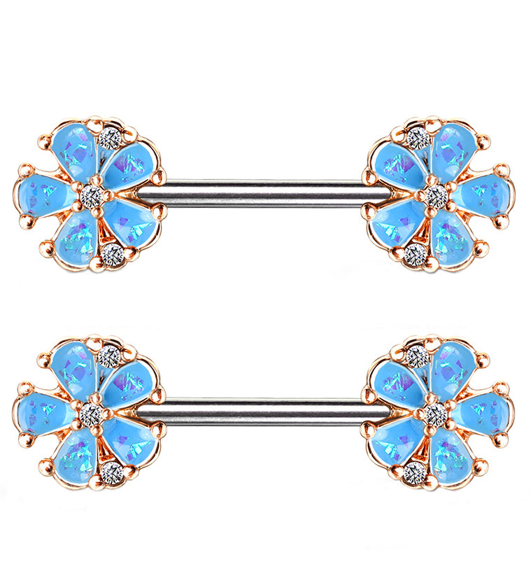 14G Blue Opalescent Glitter Petal Nipple Ring Barbell