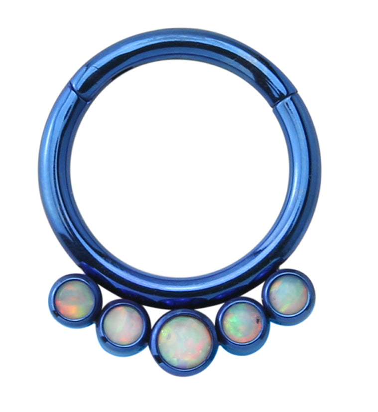 Blue PVD Cinque White Opalite Titanium Hinged Segment Ring