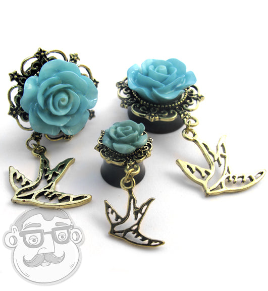Blue Rosebud & Swallow Dangle Plugs