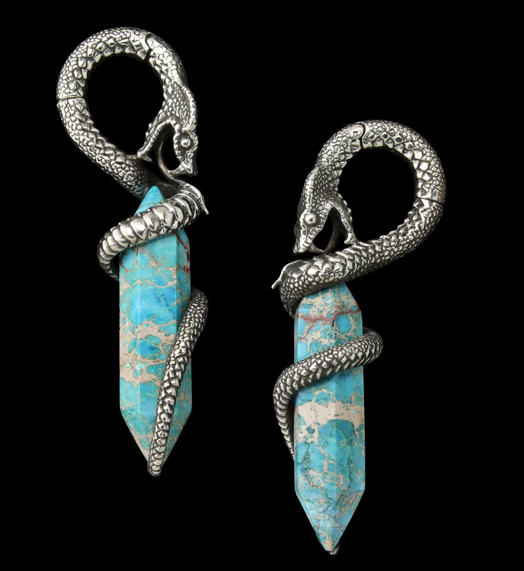 Blue Sea Sediment Stone Cobra White Brass Hinged Ear Weights