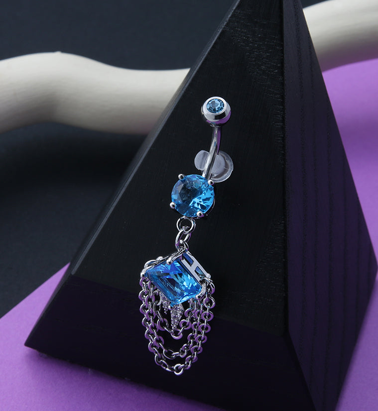 Blue Square CZ Dangle Chain Belly Button Ring