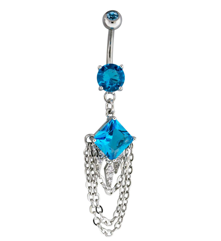 Blue Square CZ Dangle Chain Belly Button Ring