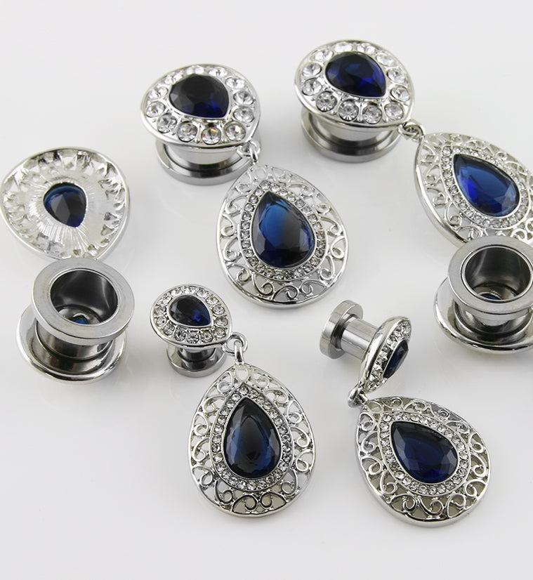 Blue Teardrop CZ Dangle Stainless Steel Tunnels