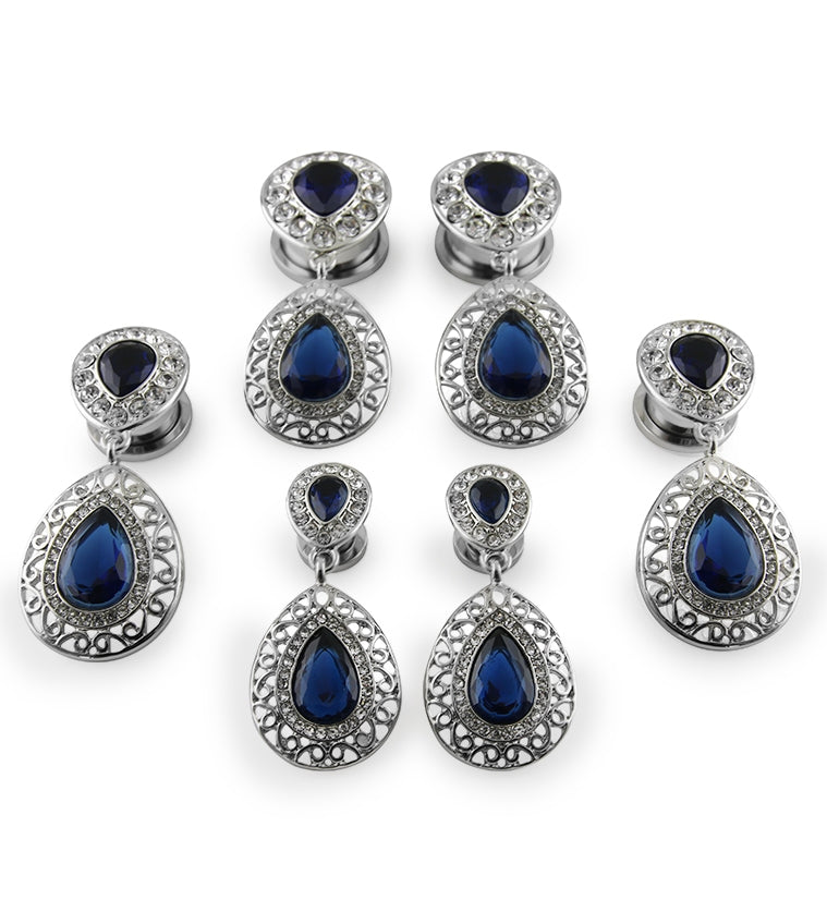 Blue Teardrop CZ Dangle Stainless Steel Tunnels