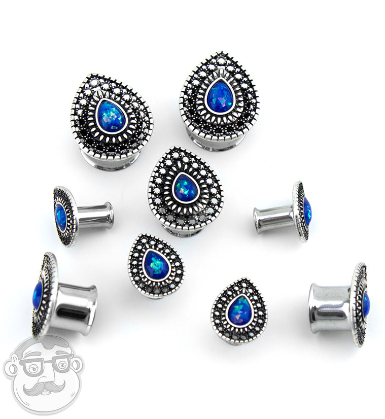 Blue Opalite Teardrop Plate Steel Plugs