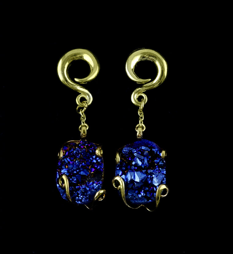 Blurple Druzy Stone Brass Ear Weights