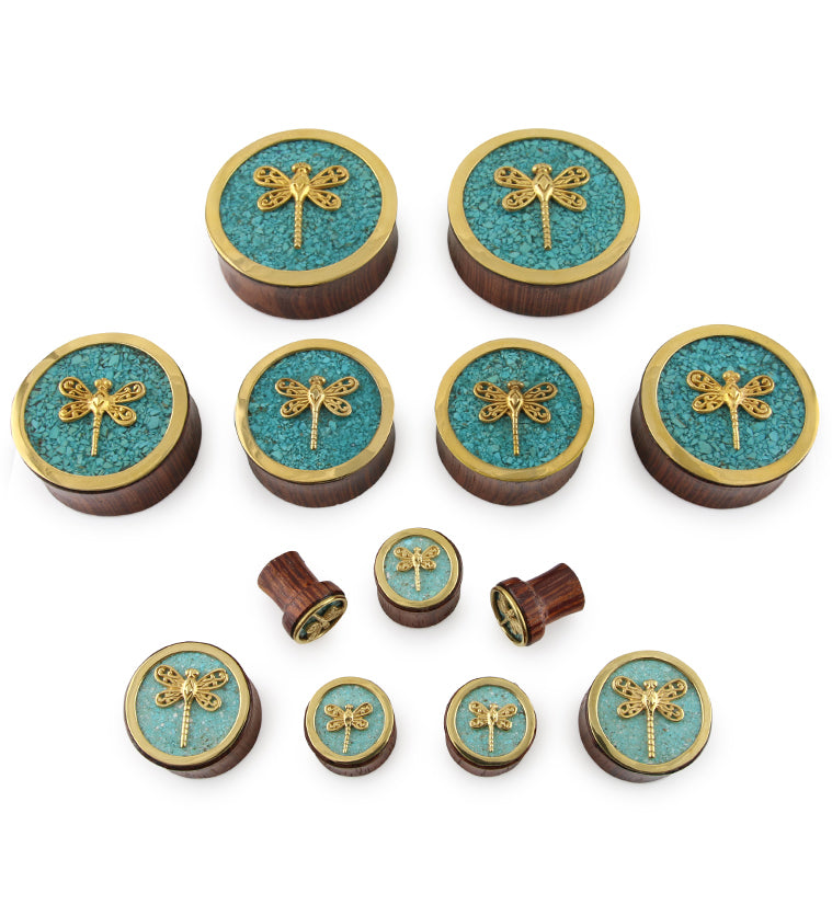 Brass Dragonfly Wood Plugs With Teal Stone Inlay