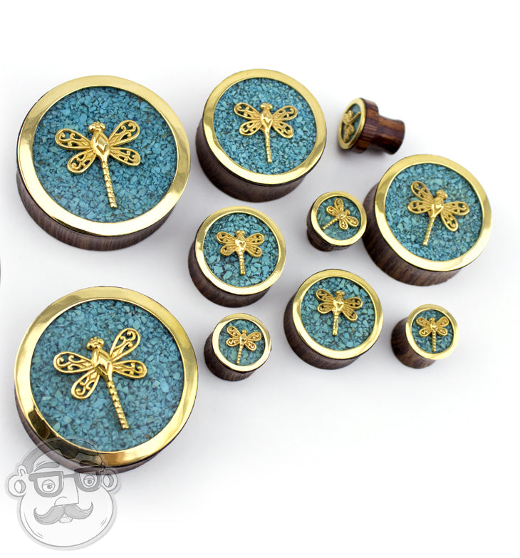 Brass Dragonfly Wood Plugs With Teal Stone Inlay