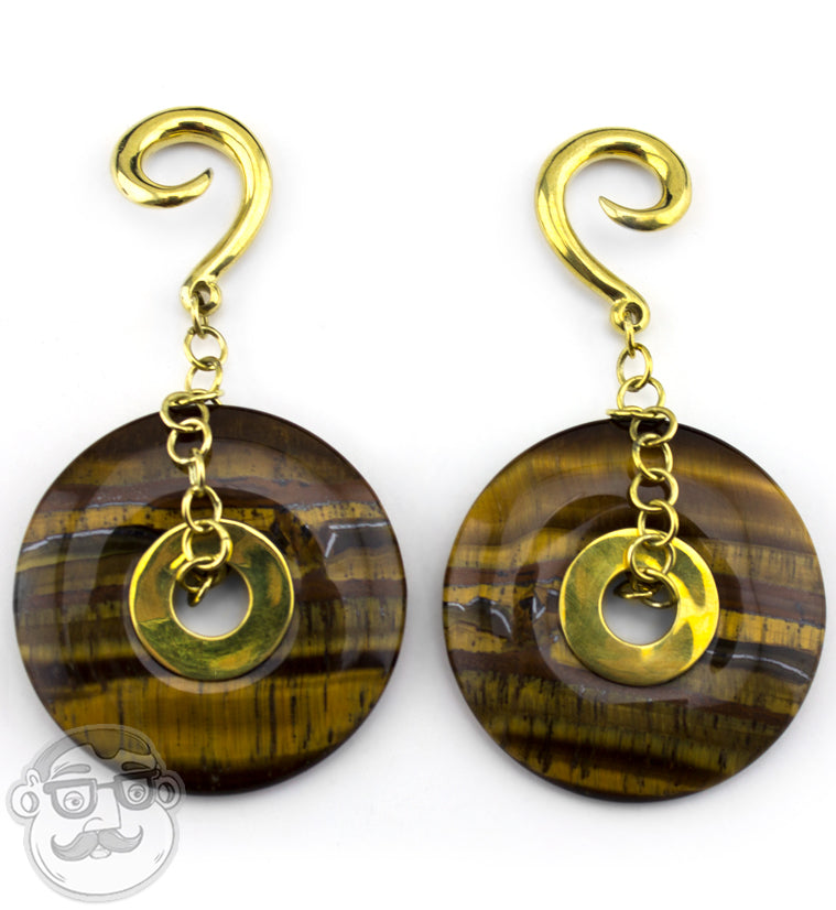 Tiger Eye Stone Disk Brass Ear Weights