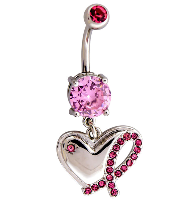 Breast Cancer Awareness Heart and Ribbon Pink CZ Belly Ring