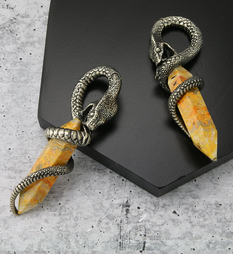 Bumblebee Jasper Stone Cobra White Brass Hinged Ear Weights