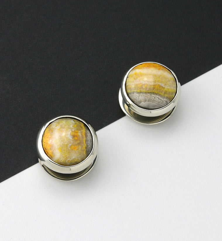 Bumblebee Jasper Stone Disk White Brass Ear Weights