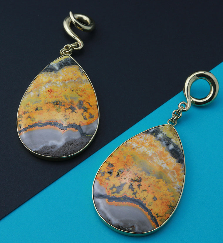 Bumblebee Jasper Stone Teardrop Brass Ear Weights