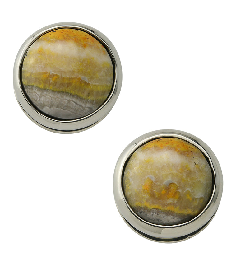 Bumblebee Jasper Stone Disk White Brass Ear Weights