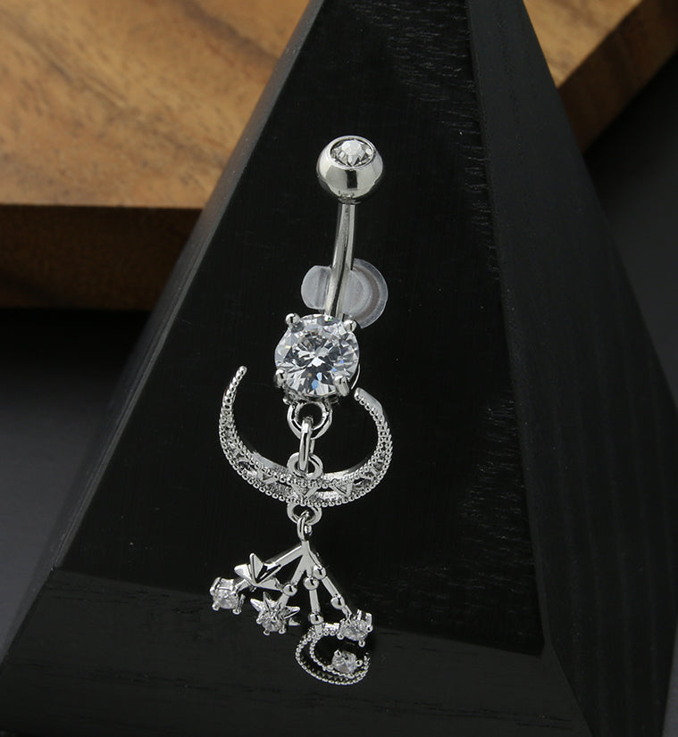 Celestial Crescent Moon Dangle Charm Clear CZ Stainless Steel Belly Button Ring
