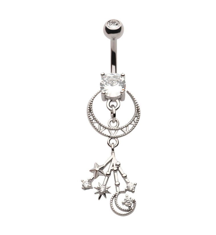 Celestial Crescent Moon Dangle Charm Clear CZ Stainless Steel Belly Button Ring