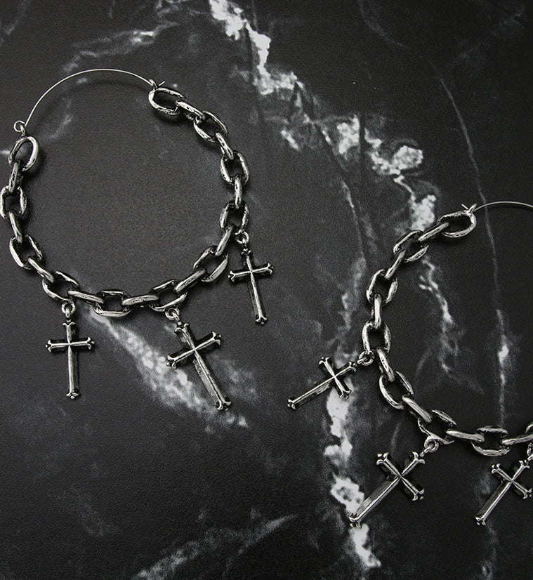 Chain Link Dangle Cross Plug Hoops