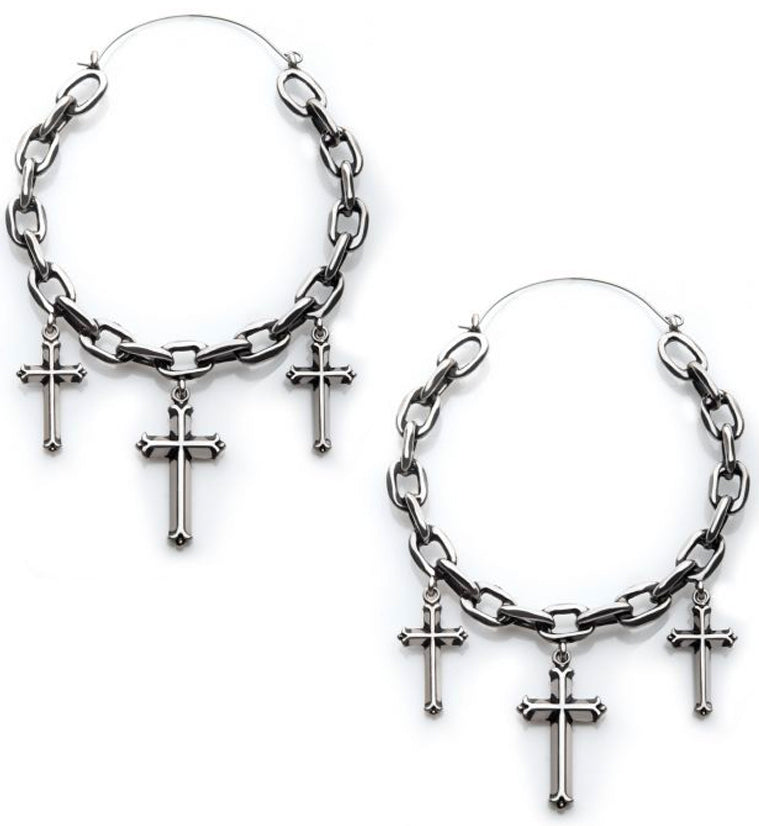 Chain link Dangle Cross Plug Hoops