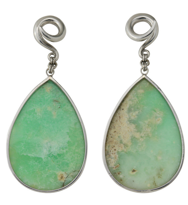 Chrysoprase Stone Teardrop White Brass Ear Weights