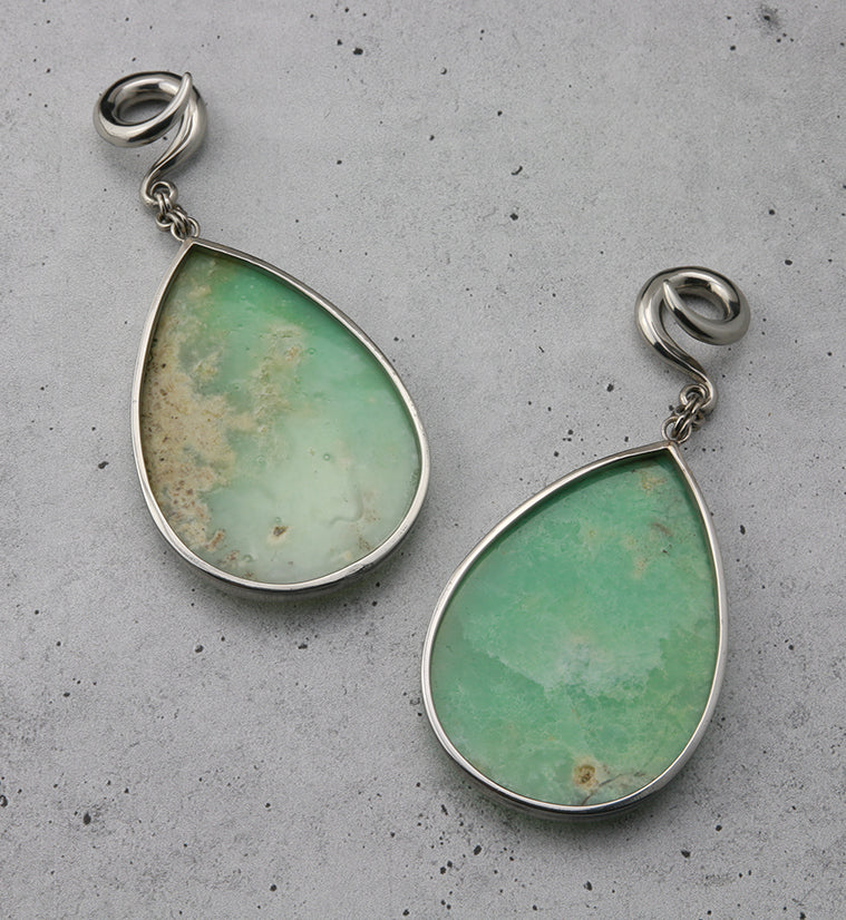 Chrysoprase Stone Teardrop White Brass Ear Weights