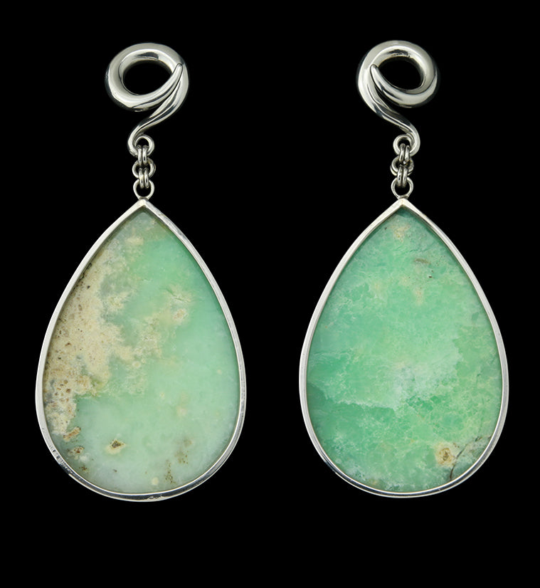 Chrysoprase Stone Teardrop White Brass Ear Weights