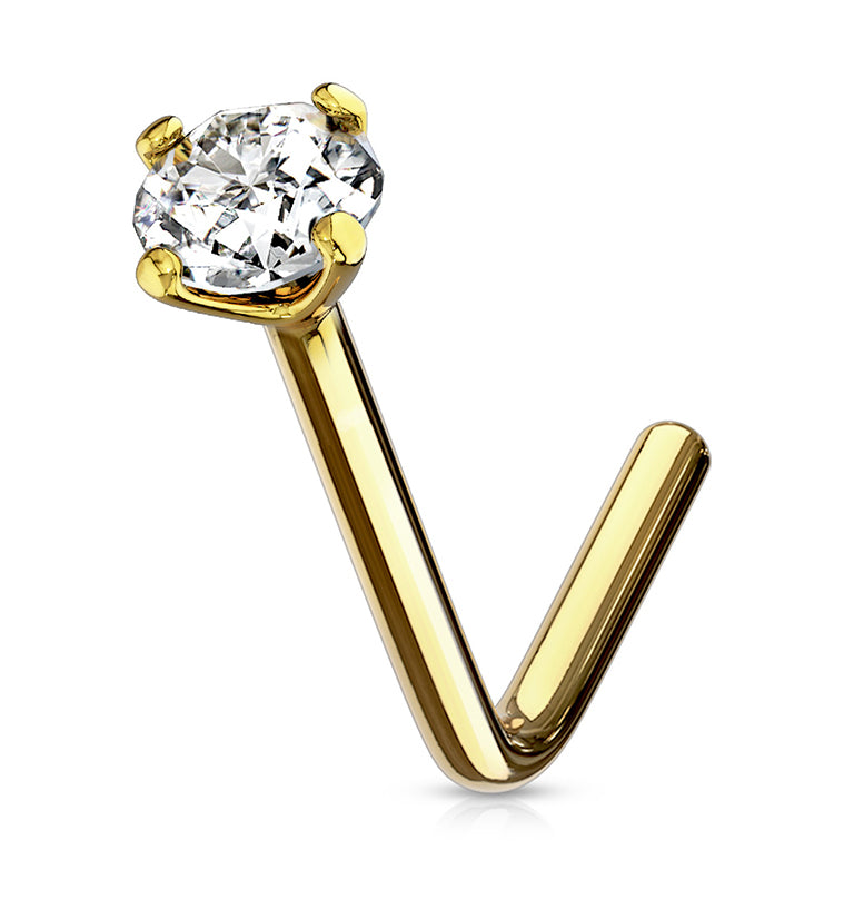 20G Clear CZ 14kt Gold L Shaped Nose Ring