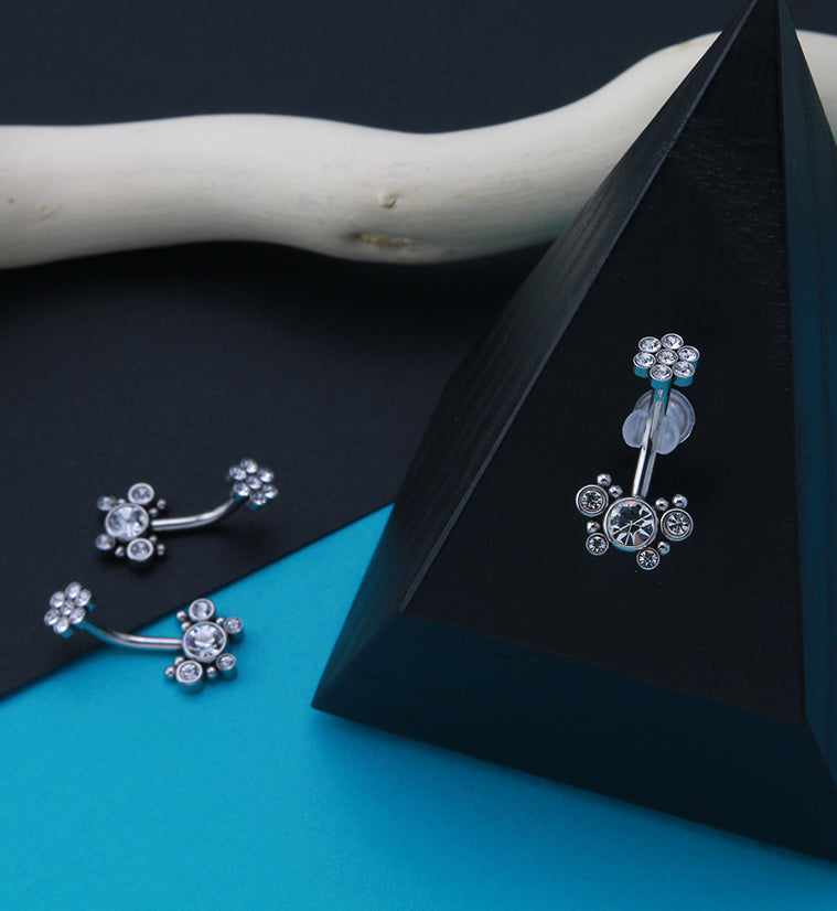 Clear CZ Cluster with Floret Top Belly Button Ring