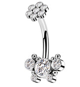 Clear CZ Cluster with Floret Top Belly Button Ring
