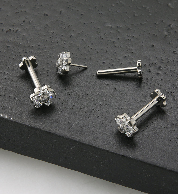 Clear CZ Flower Titanium Threadless Labret