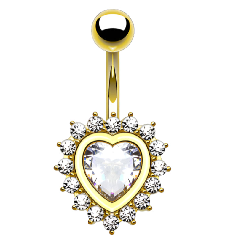Golden Heart With Clear CZ Stainless Steel Belly Button Ring