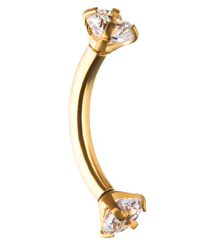 Gold PVD Clear CZ Prong Set Stainless Steel Curved Barbell