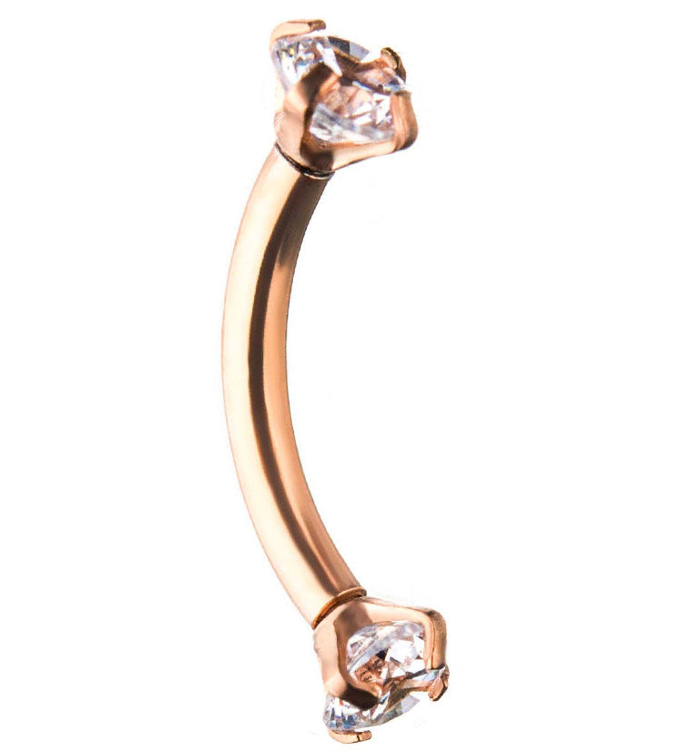 Rose Gold PVD Clear CZ Prong Set Stainless Steel Curved Barbell