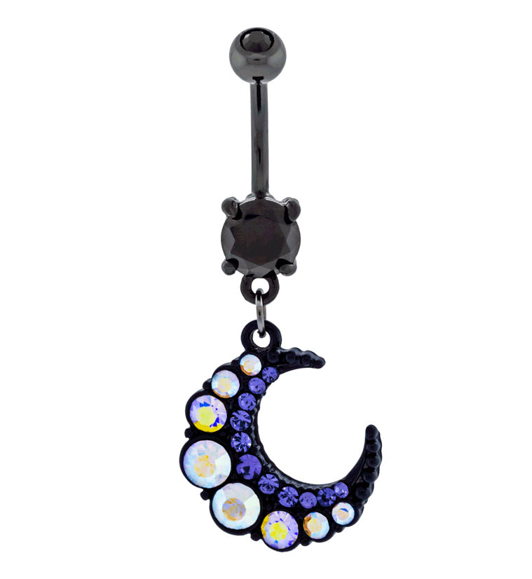 Black PVD Rainbow Aurora CZ Crescent Belly Button Ring