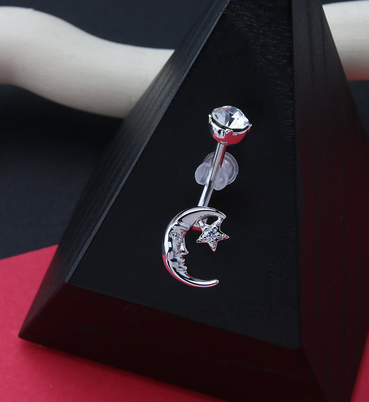 Crescent Moon and Star CZ Belly Ring
