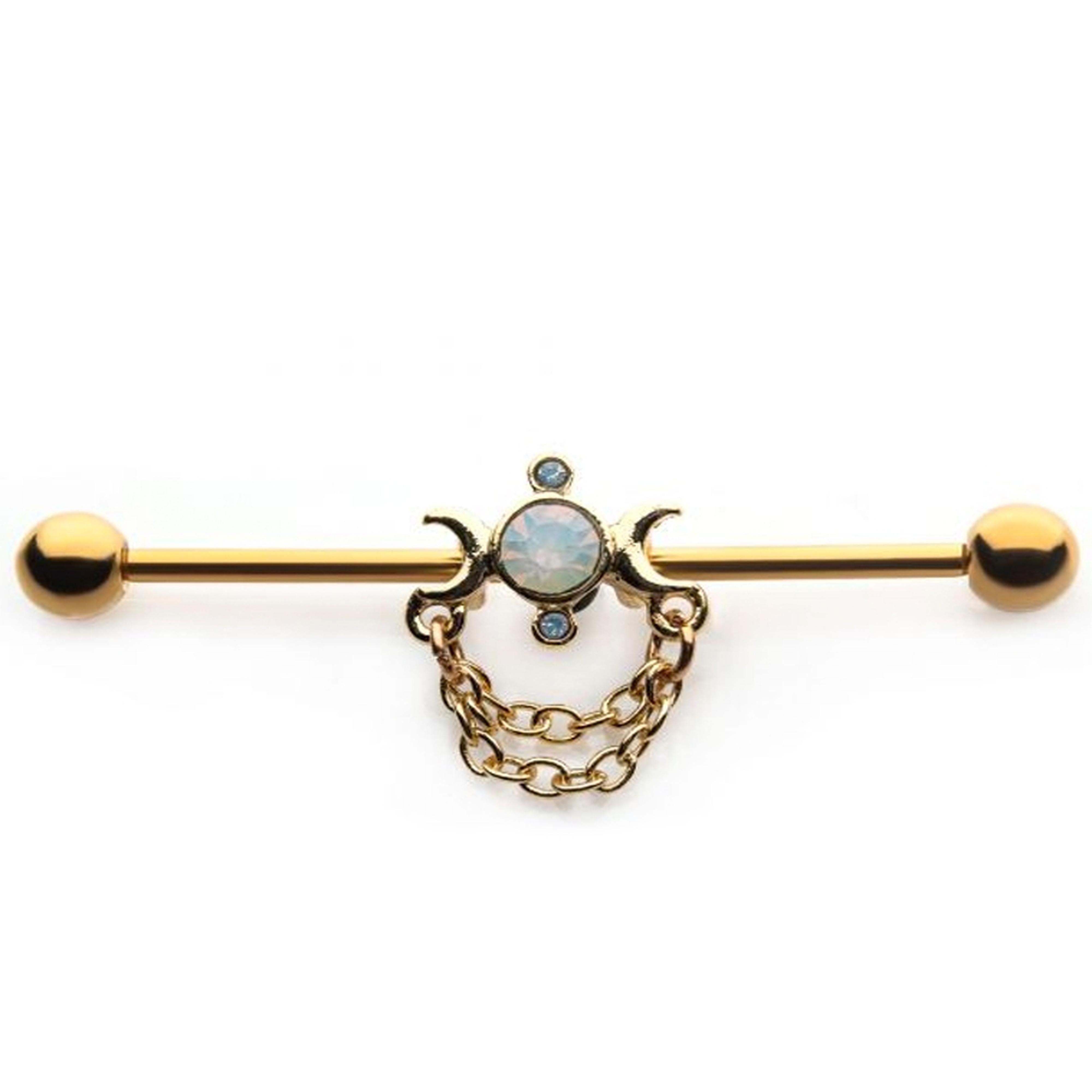 Gold PVD Crescent Moon & Opalite Chained Industrial Barbell