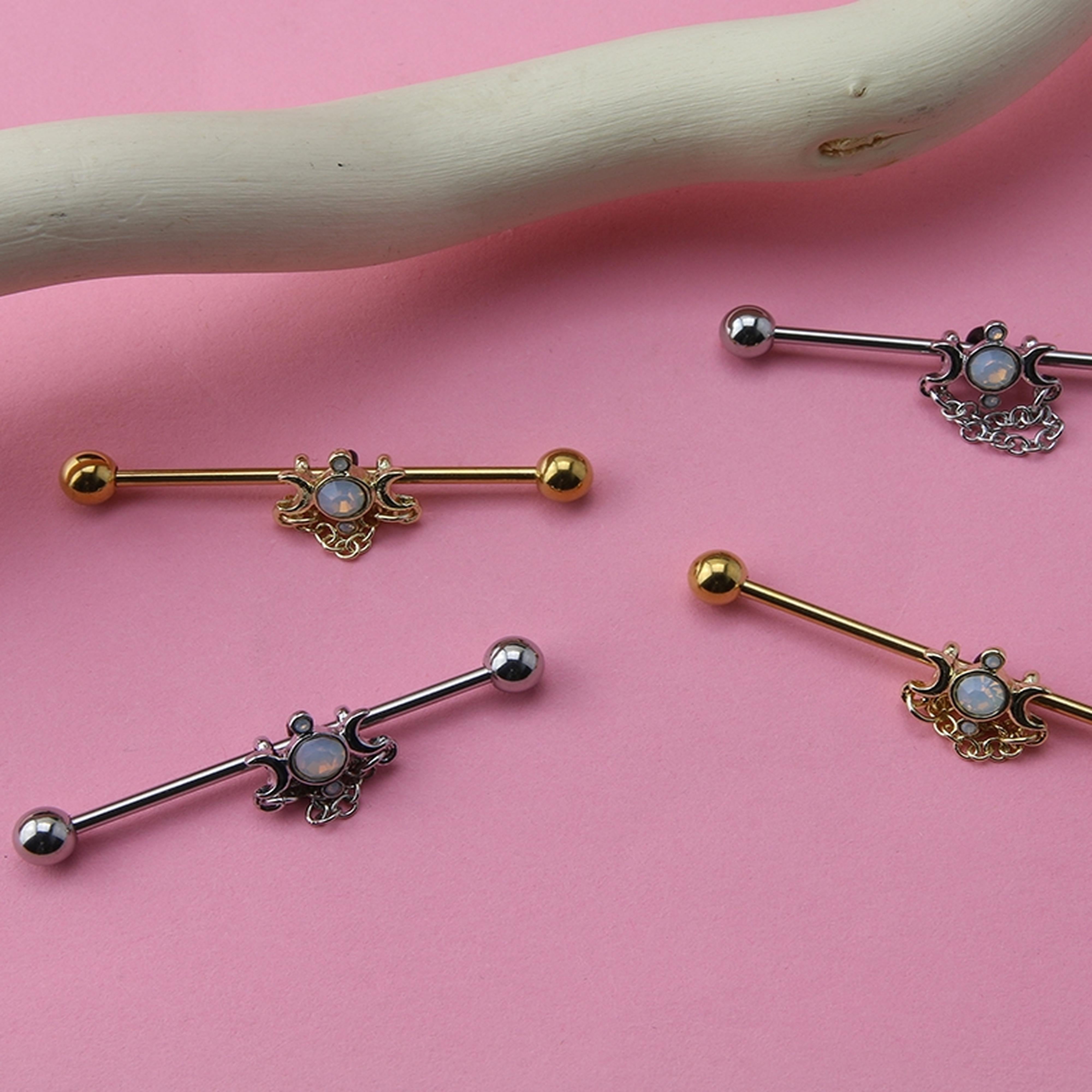 Crescent Moon & Opalite Chained Industrial Barbell