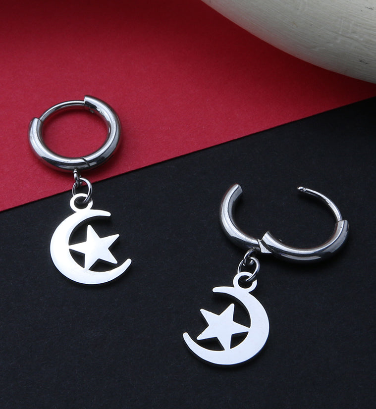 Crescent Star Stainless Steel Hinged Earrings