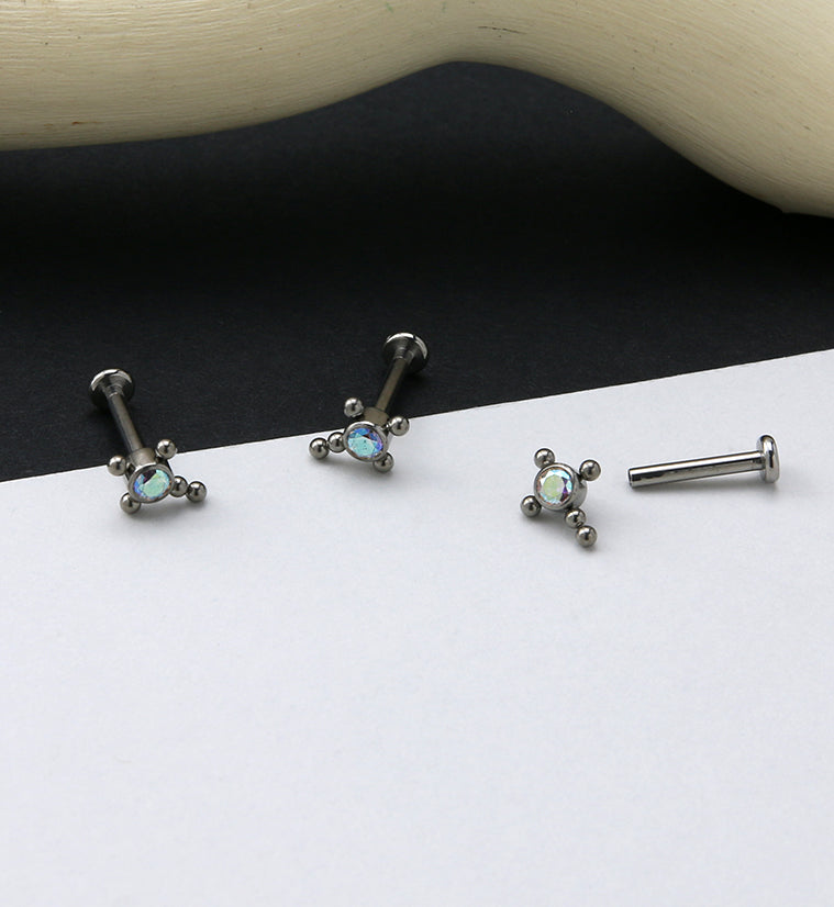 Cross Centered Rainbow Aurora CZ Titanium Labret