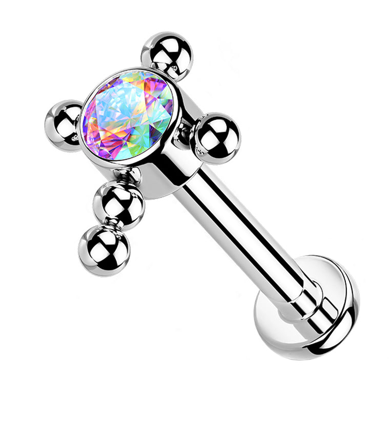 Cross Centered Rainbow Aurora CZ Titanium Labret